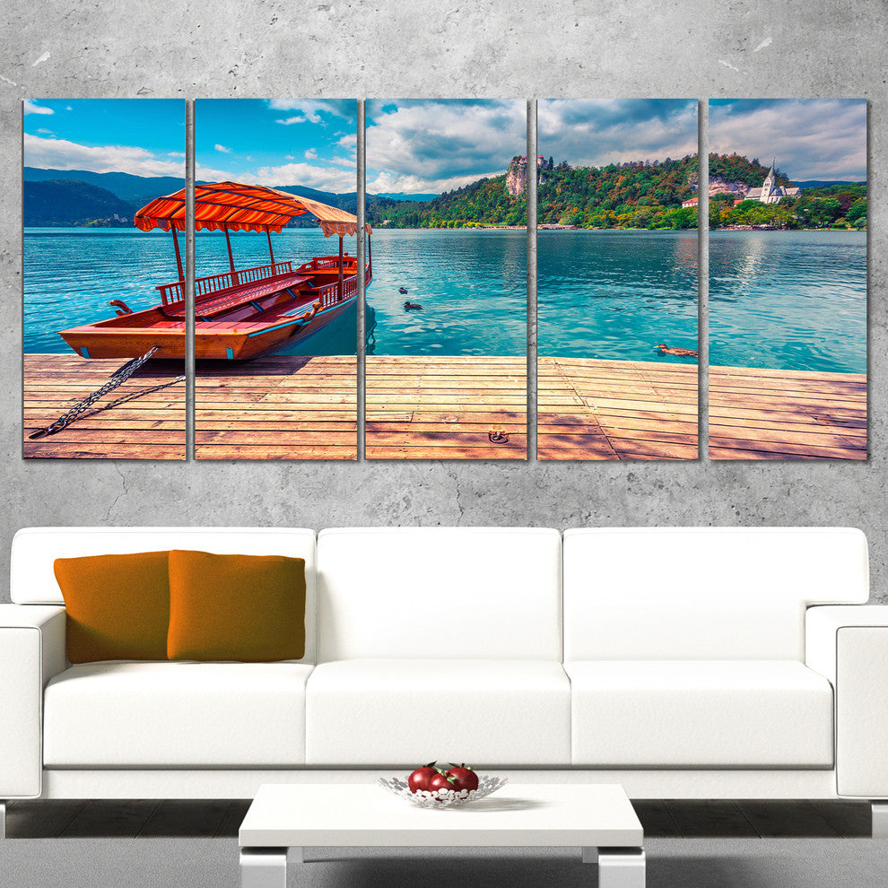 Boat in Lake Bled In Julian Alps, Landscape Canvas Print, 60"x28", 5 Panels