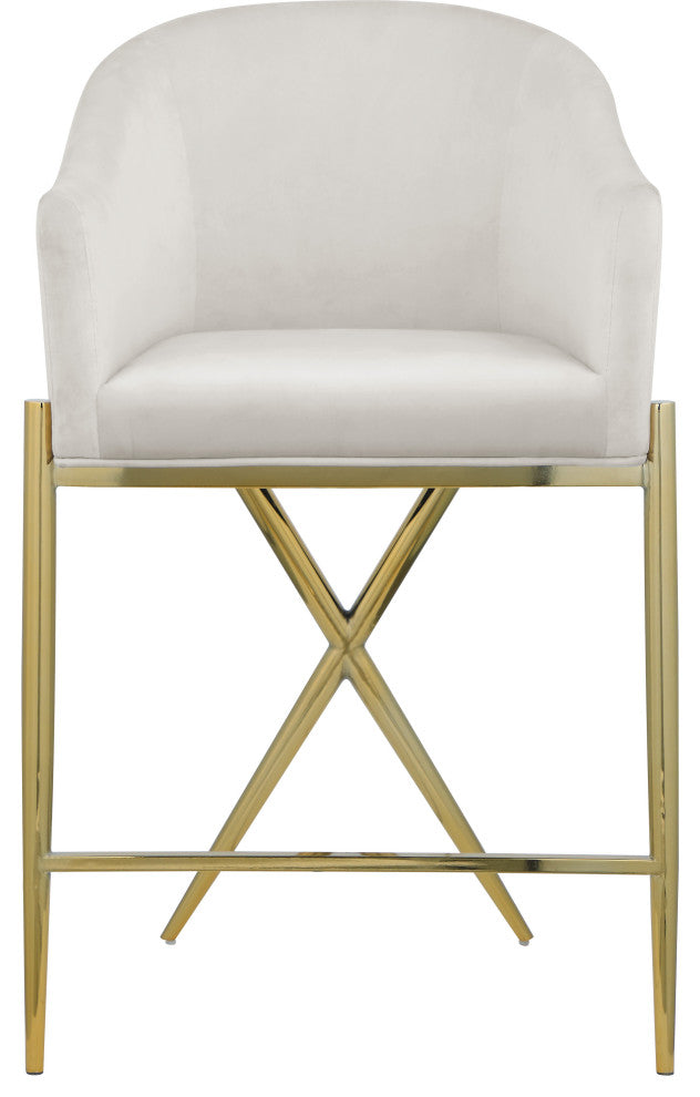 Xavier Velvet Upholstered Counter Height Stool, Cream, Gold Finish