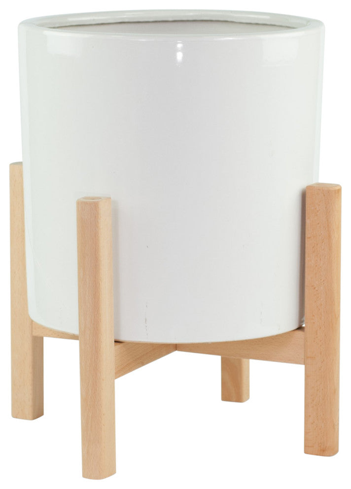 Extra Large Ceramic Cylinder Pot 13'' White With Plant Stand Set Natural Color