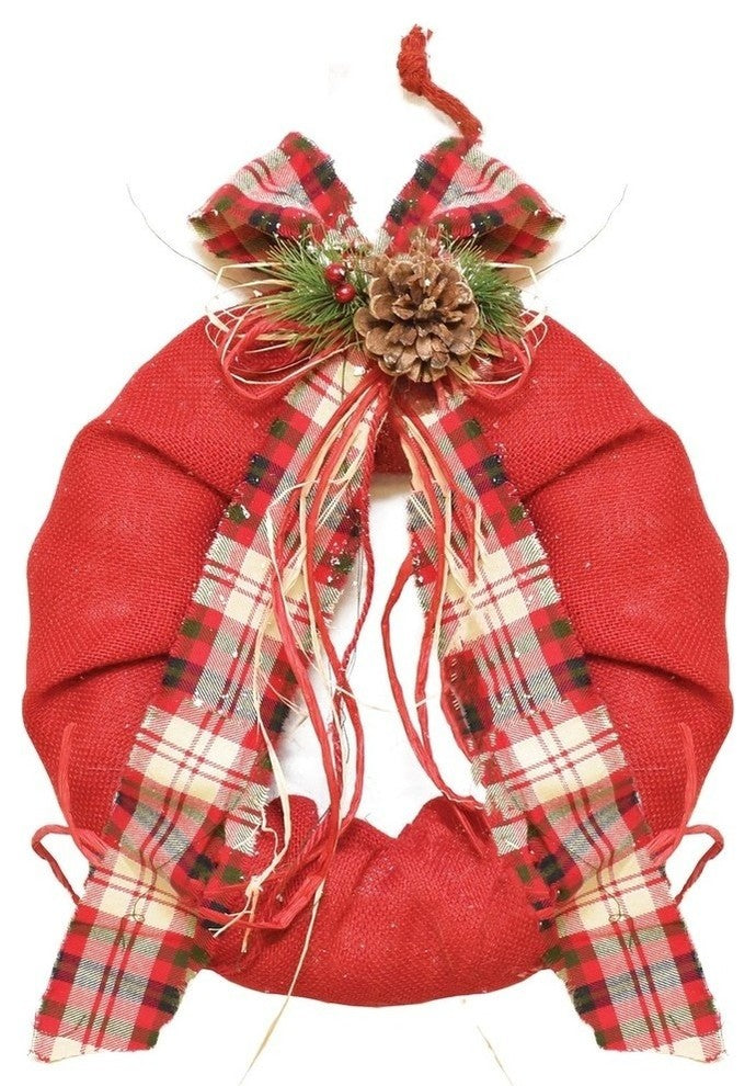 13" Red Burlap Wreath With Plaid Bow and Pine Accents