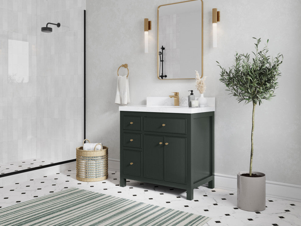 Sonoma 36 Center Sink Reeded Bath Vanity in Dark Forest Green 2" Calacatta Laza