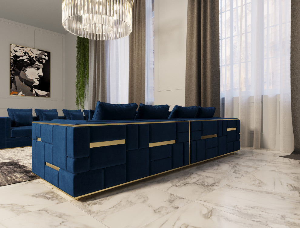 Divani Casa Mobray Glam Blue and Gold Fabric Sofa