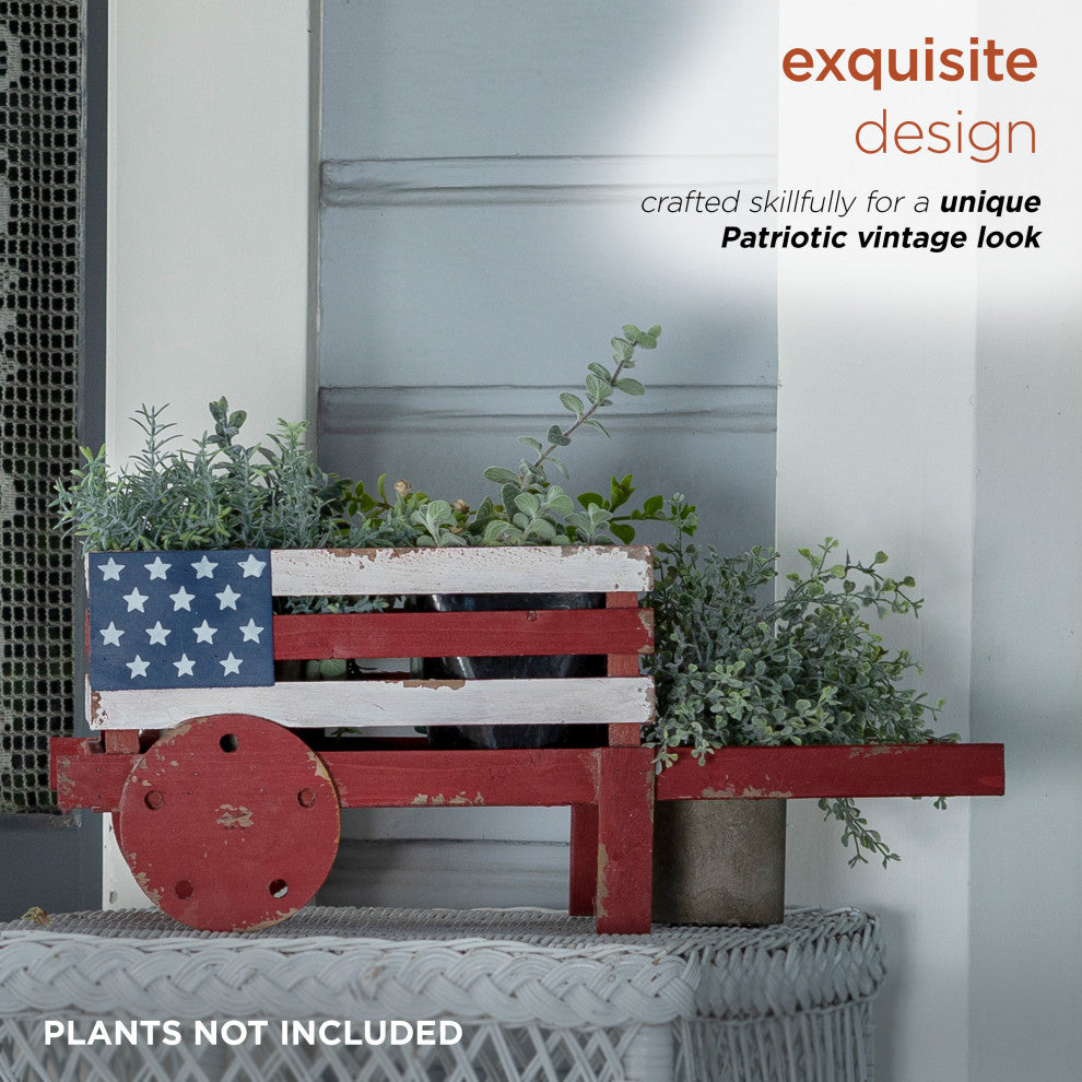 American Flag Wooden Wheel Barrel Planter