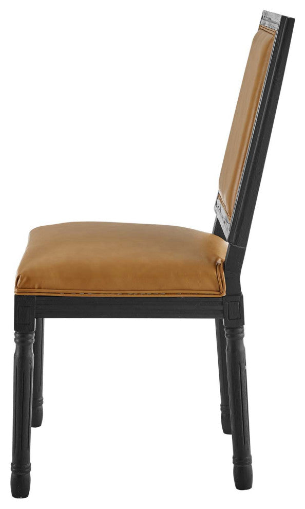 French Vintage Side Dining Chair, Faux Vegan Leather, Wood, Black Tan, Modern