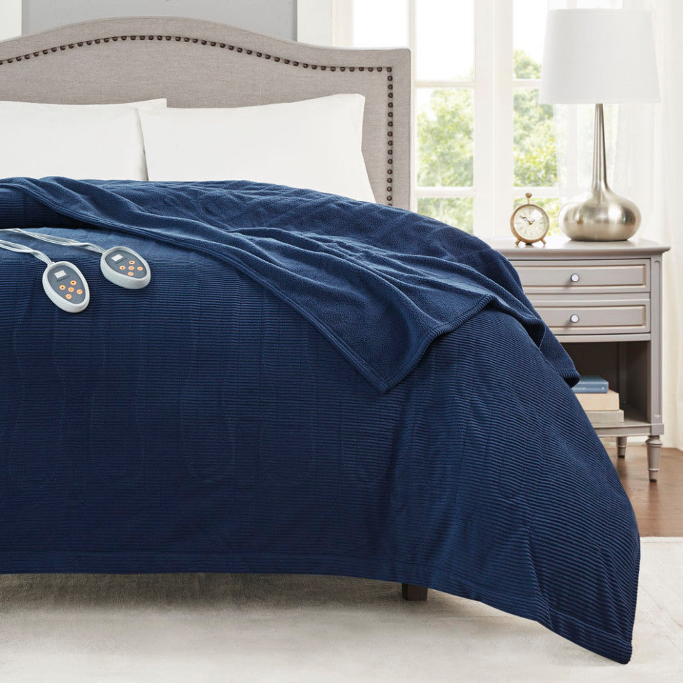 Beautyrest Electric Micro Fleece Heated Electric Bedding Blanket, Navy Blue, Kin