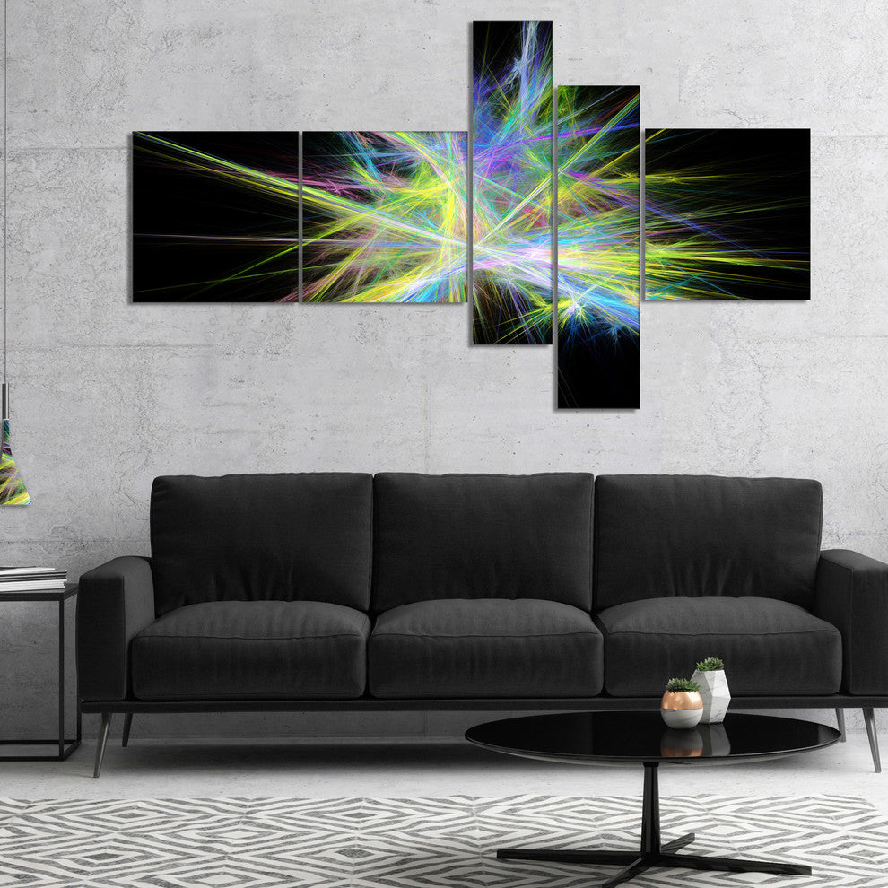 Yellow Blue Chaos Multicolored Rays, Abstract Canvas Wall Art, 60"x32", 5 panels