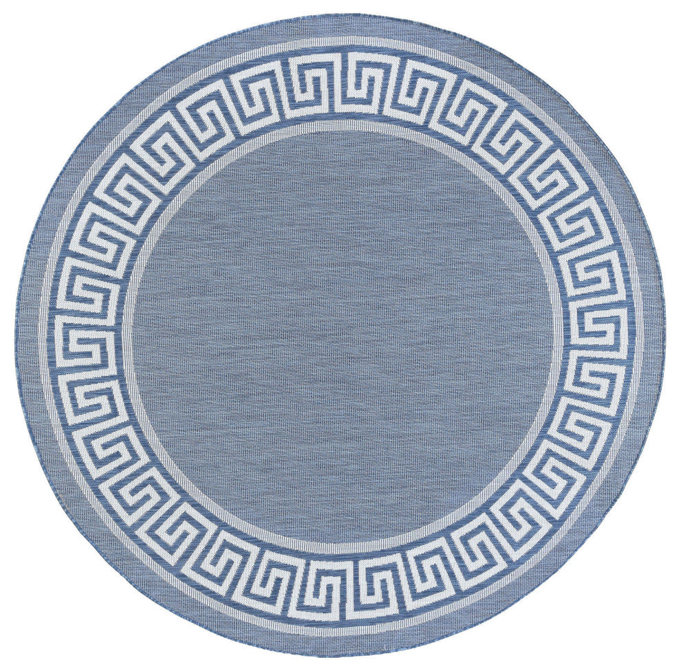 Giovanna Transitional Greek Key Blue/Cream Round Indoor/Outdoor Area Rug, 8'