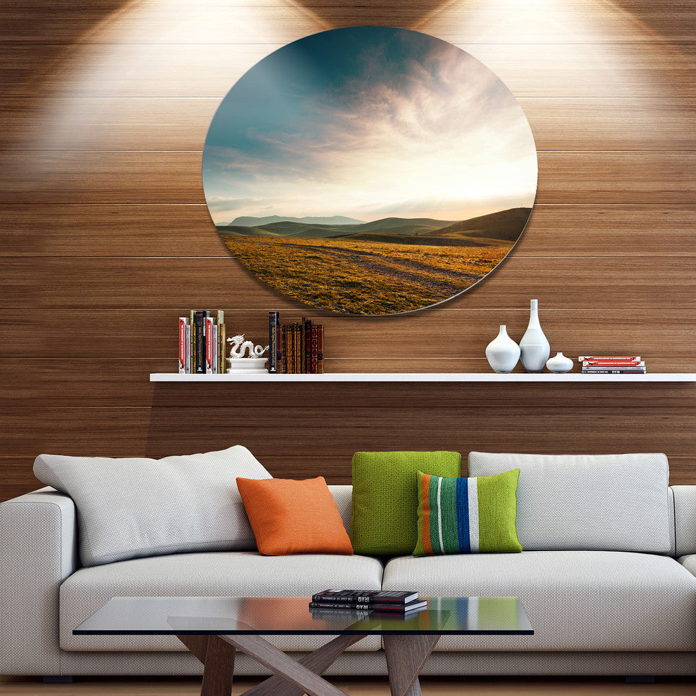 Pathway Over Mountains At Sunset, Landscape Round Wall Art, 11"