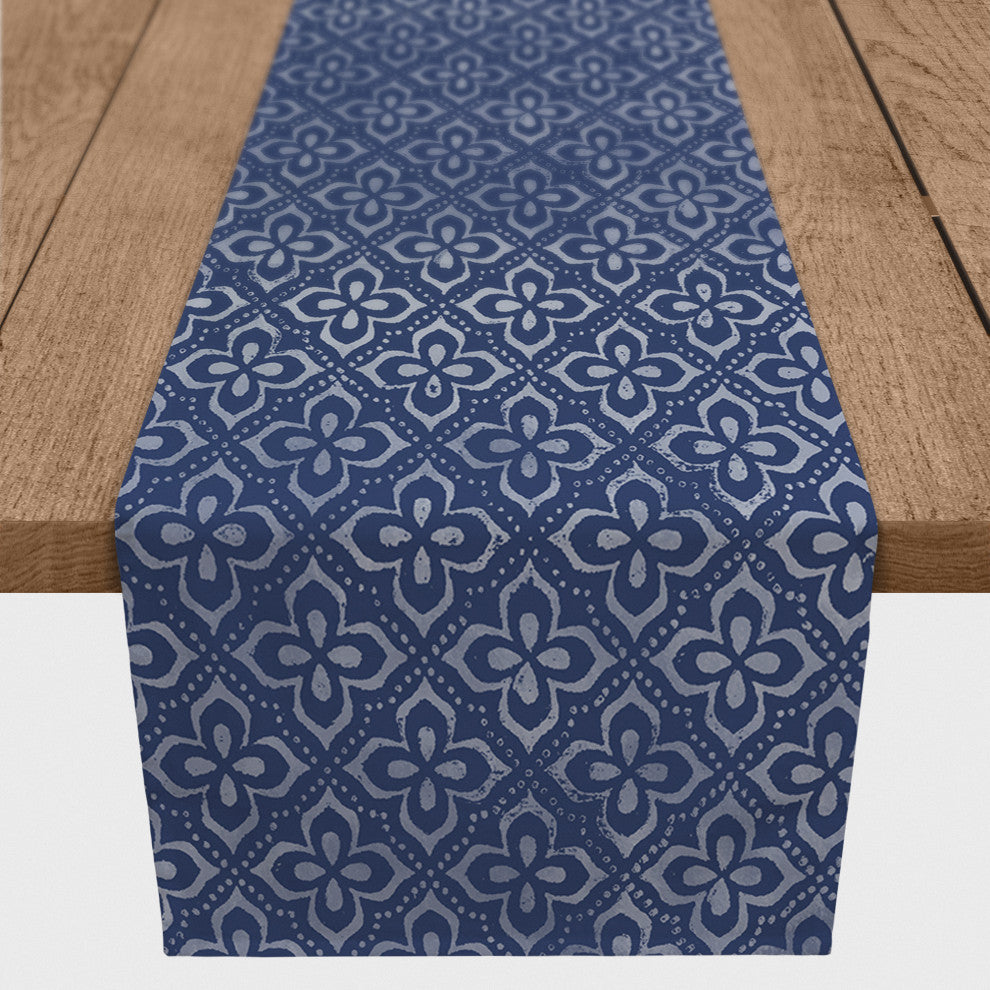 Distressed Navy Quatrefoil 16x72 Poly Twill Table Runner