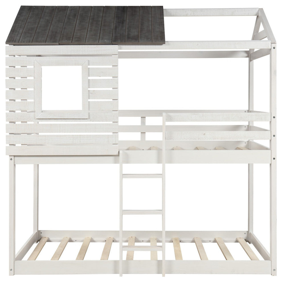 Antique White Twin Over Twin Bunk Bed With Roof