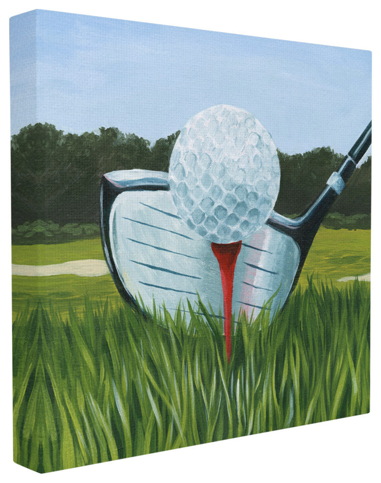 Golf Tee Close Up Green Red Sports Painting, 24"x24", Canvas Art