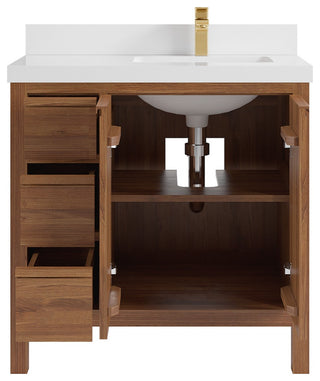 Elizabeth Teak 36" Right Offset Sink Vanity, Dark Natural 2" White Quartz