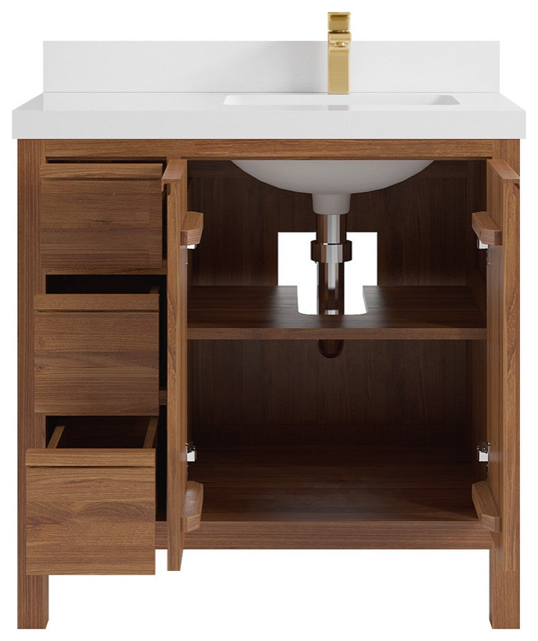 Elizabeth Teak 36" Right Offset Sink Vanity, Dark Natural 2" White Quartz