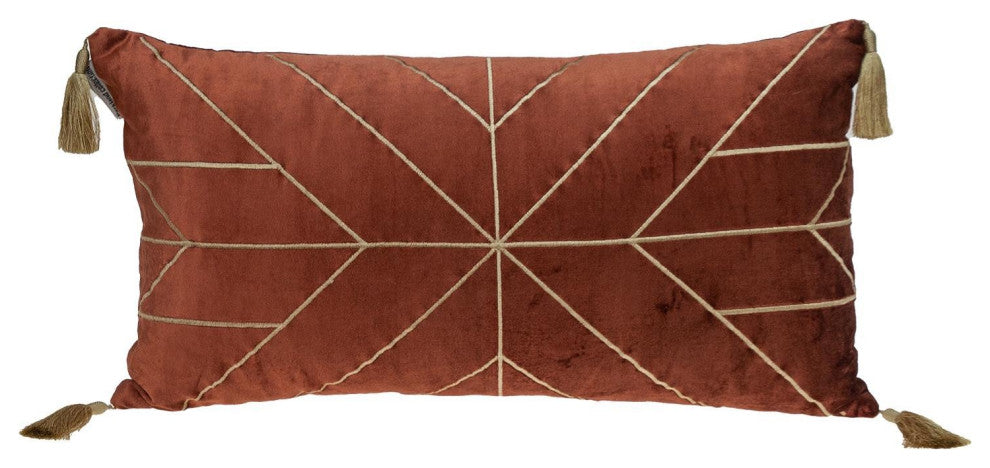 Burnt Orange and Gold Geo Velvet Lumbar Pillow With Gold Tassels
