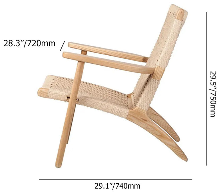 Japandi Wood Outdoor Patio Lounge Chair Armchair Kraft Paper Rope Woven Seat