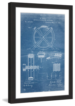 "Tesla Arc Lamp 1891 Blueprint" Framed Painting Print