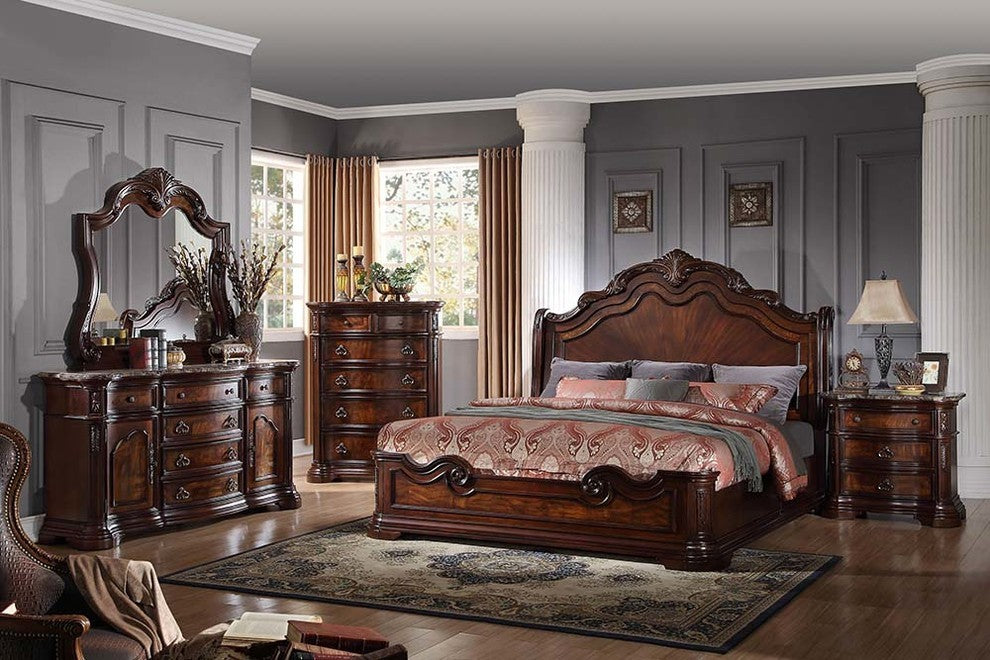 Barney's Traditional Walnut With Marble 5-Piece Queen Set