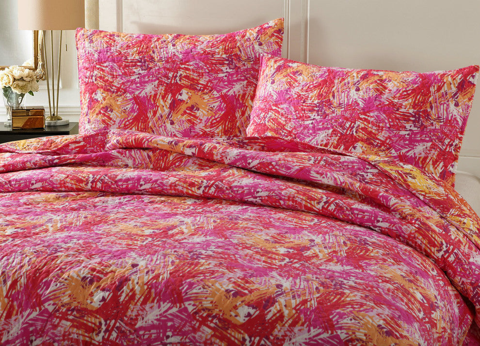 DaDa Bedding Hawaiian Reversible Multi Pink Orange Quilt Coverlet Bedspread Set,