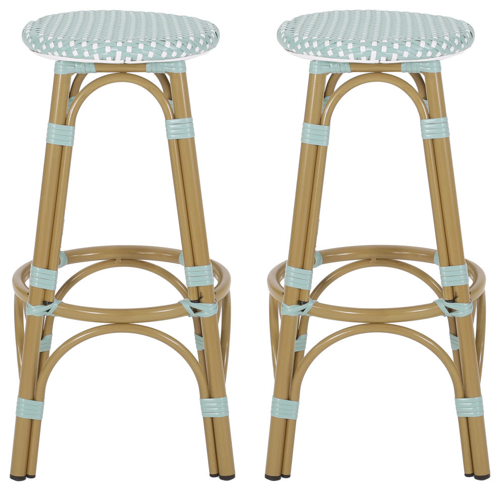 Dohney Outdoor French Aluminum 29.5" Barstools, Set of 2, Light Teal/White/Bamboo Finish