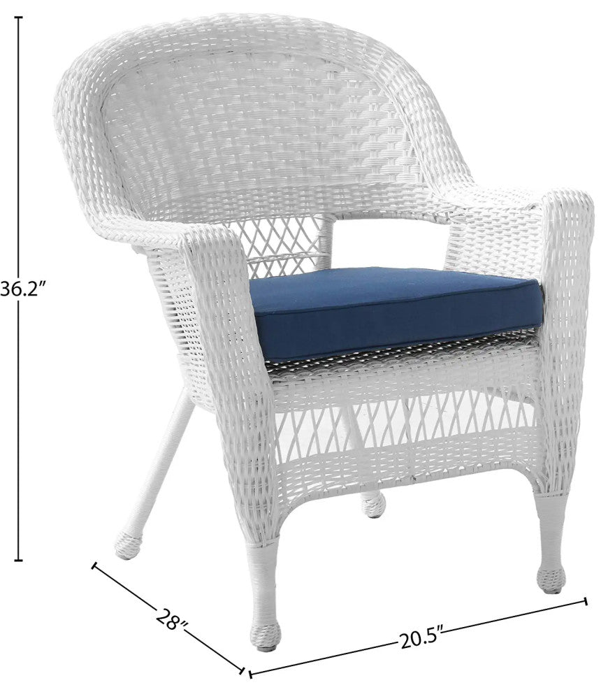 Outdoor Set of 2 Lounge Chairs, White Wicker Frame with Blue Cushions