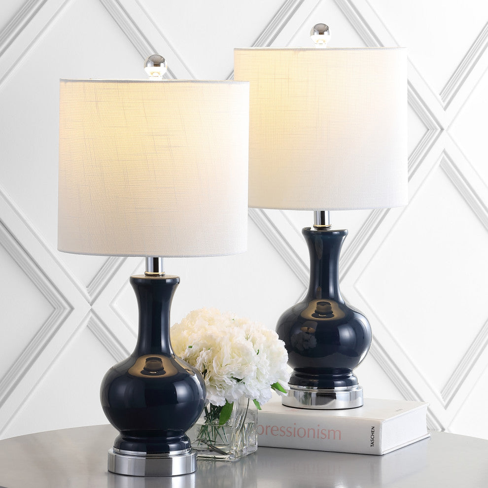 Cox 22" Metal and Glass LED Table Lamp, Set of 2, Navy and Chrome