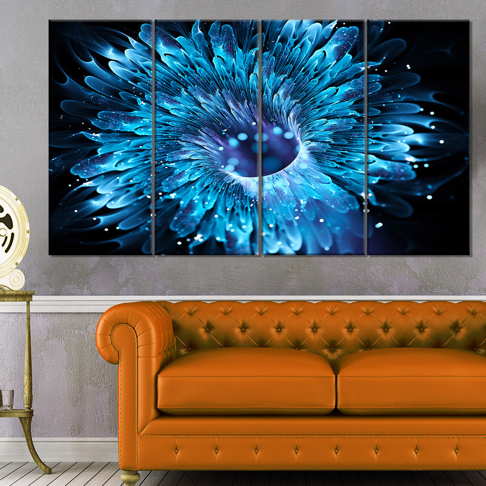 Blue Magical Wormhole Fractal, Large Abstract Canvas Wall Art, 48"x28", 4 Panels