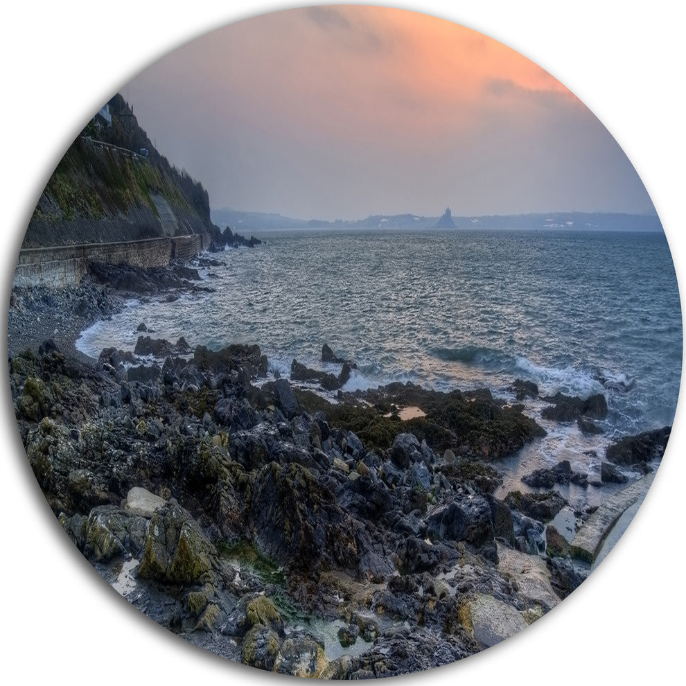 Dark Rocky Seashore Sunrise, Seashore Large Disc Metal Wall Art, 23"