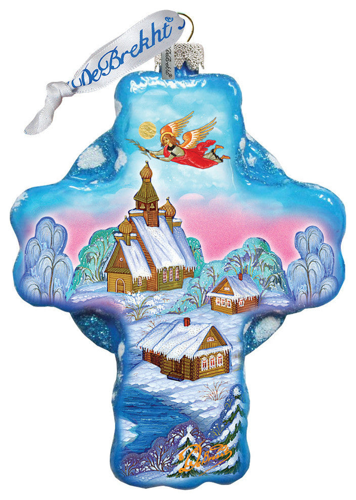 Hand Painted LED Angel Village Cross Glass Scenic Ornament