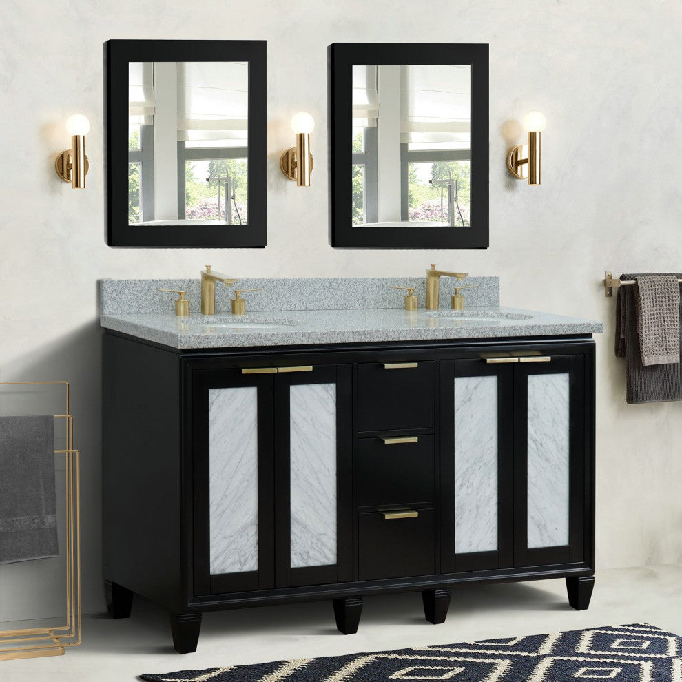 61" Double Sink Vanity, Black Finish With Gray Granite And Oval Sink