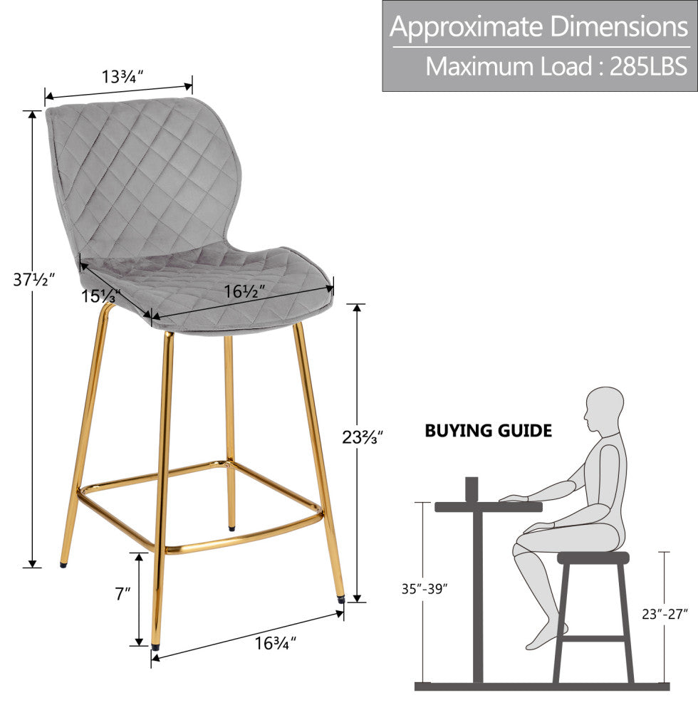 Set of 2 Curvy Diamond Stitched Velvet Bar Stools, Grey, 24 Inch