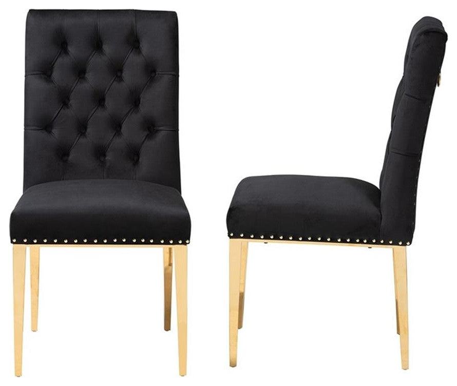 Caspera Black Velvet Fabric and Gold Metal 2-Piece Dining Chair Set