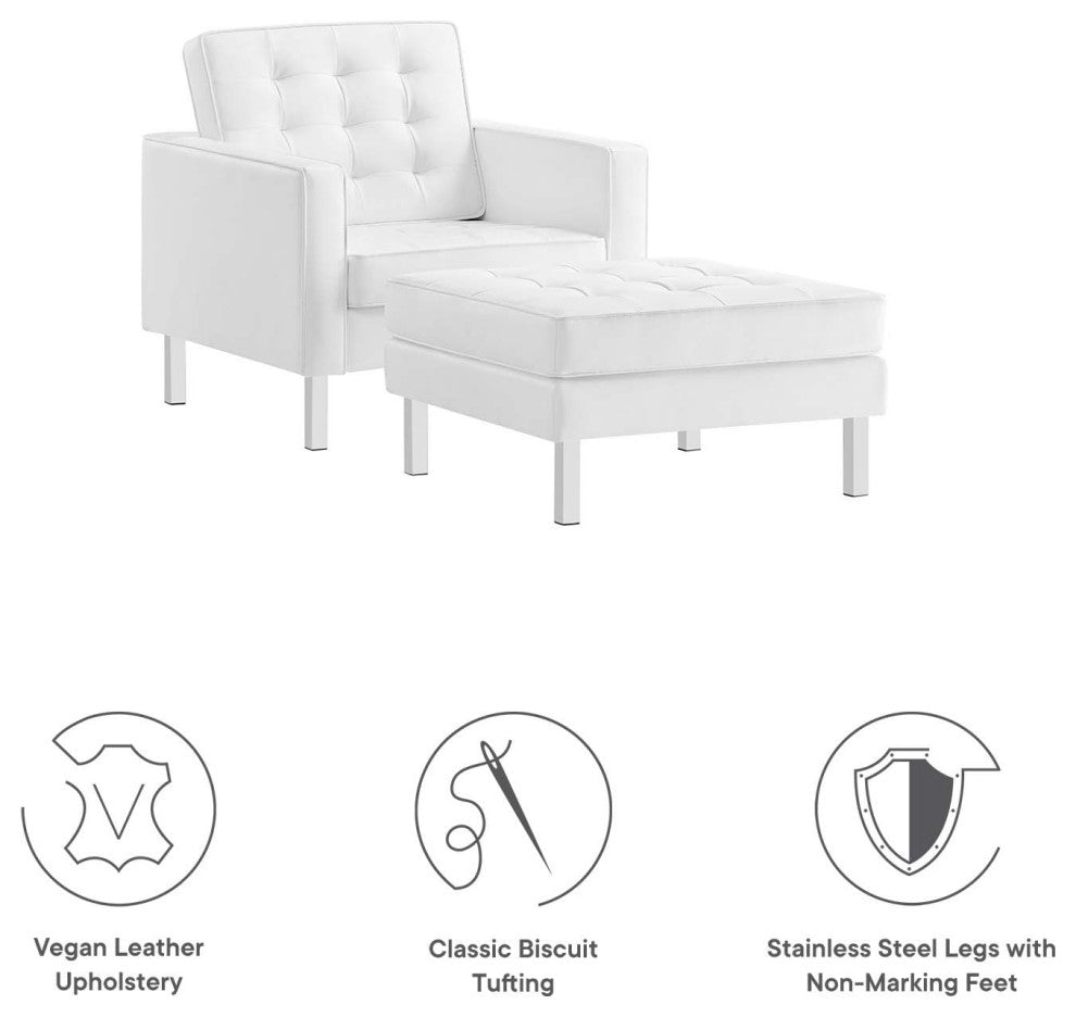 Loft Tufted Vegan Leather Armchair and Ottoman Set, Silver White