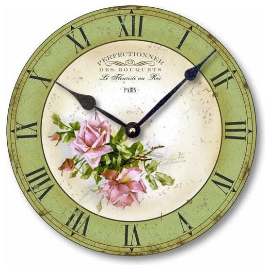 Vintage-Style Pink Roses French Florist Clock, 10.5 Inch Diameter