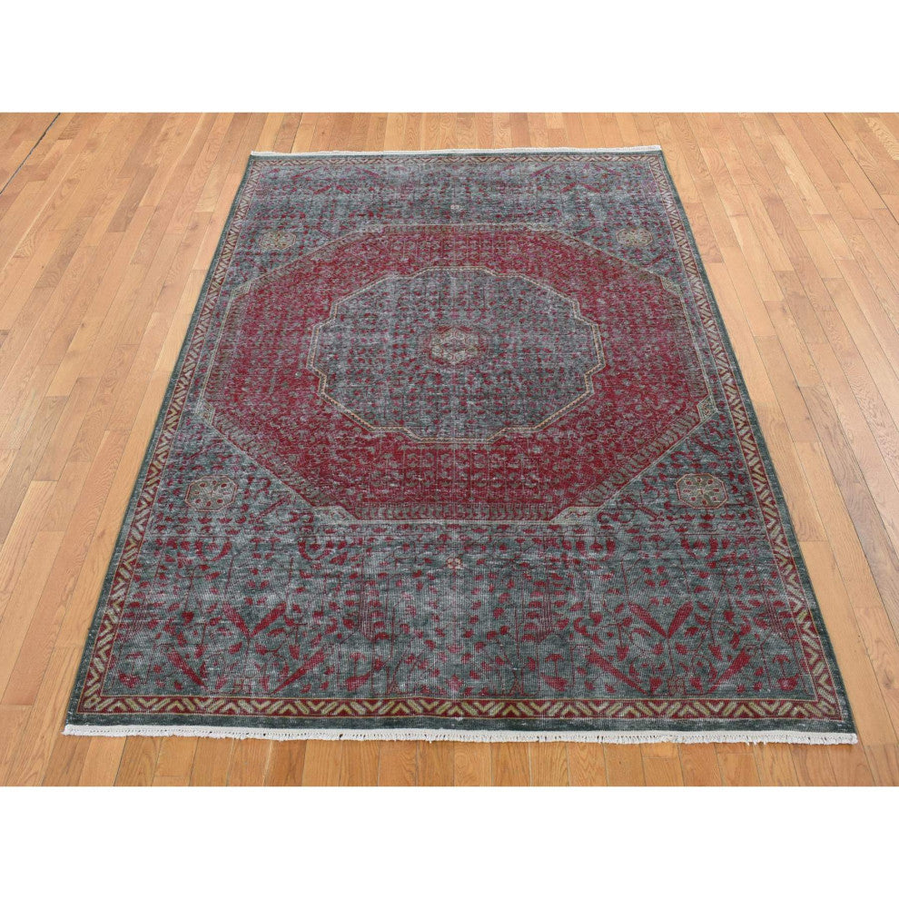 Green, Vintage Look Mamluk, Zero Pile, Worn Wool, Hand Knotted Rug, 6'x9'