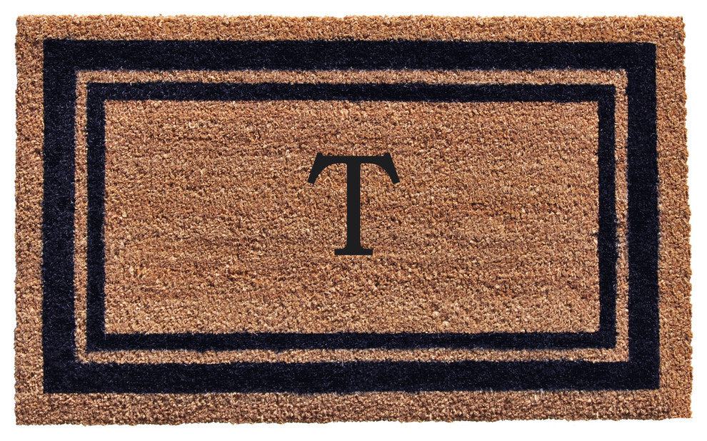 Dark Blue Border 18"x30" Monogram Doormat, Letter T