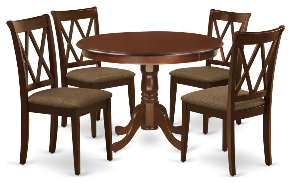 5Pc Dining Set, Round Dinette Table, Four Kitchen Chairs, Mahogany Finish