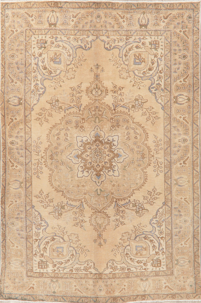 Consigned, Vintage-Style Faded Handmade Oriental Persian Area Rug, Beige, 6x10