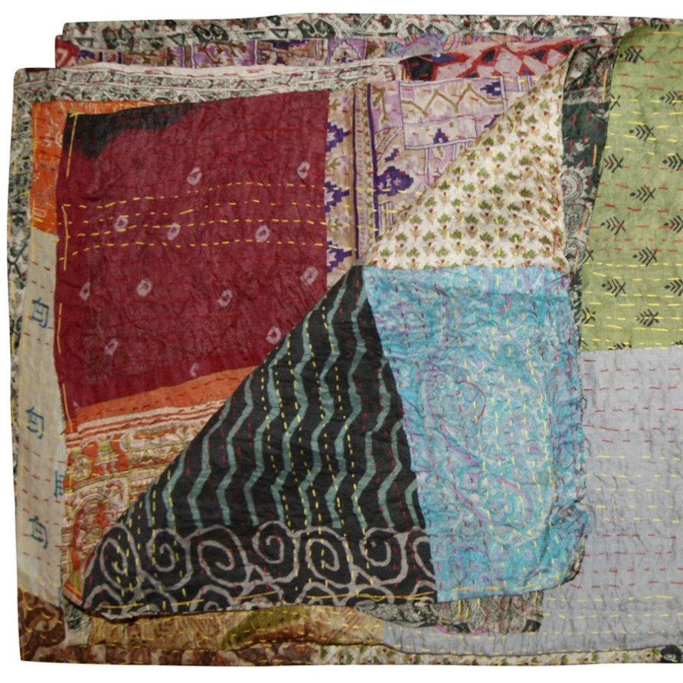 60x90 Blue Black and Brown Kantha Cotton Patchwork Throw Blanket With Embroidery