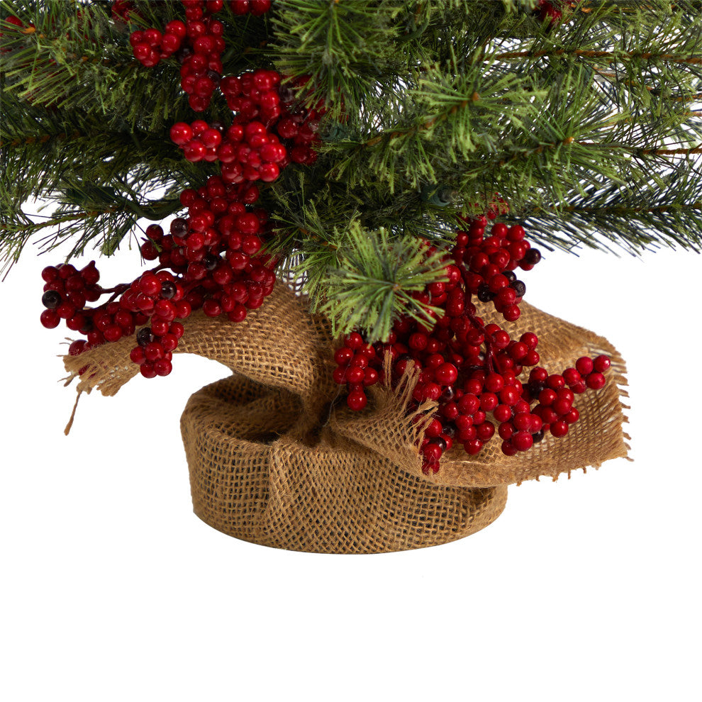 T3254 3 Berry and Pine Christmas Tree With 50 White Lights & Burlap Wrapped Base