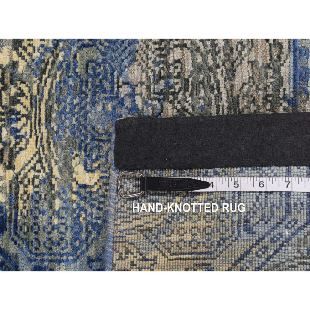Blue Repetitive Rosette Design Silk With Wool Hand Knotted Runner Rug 2'8"x9'1"