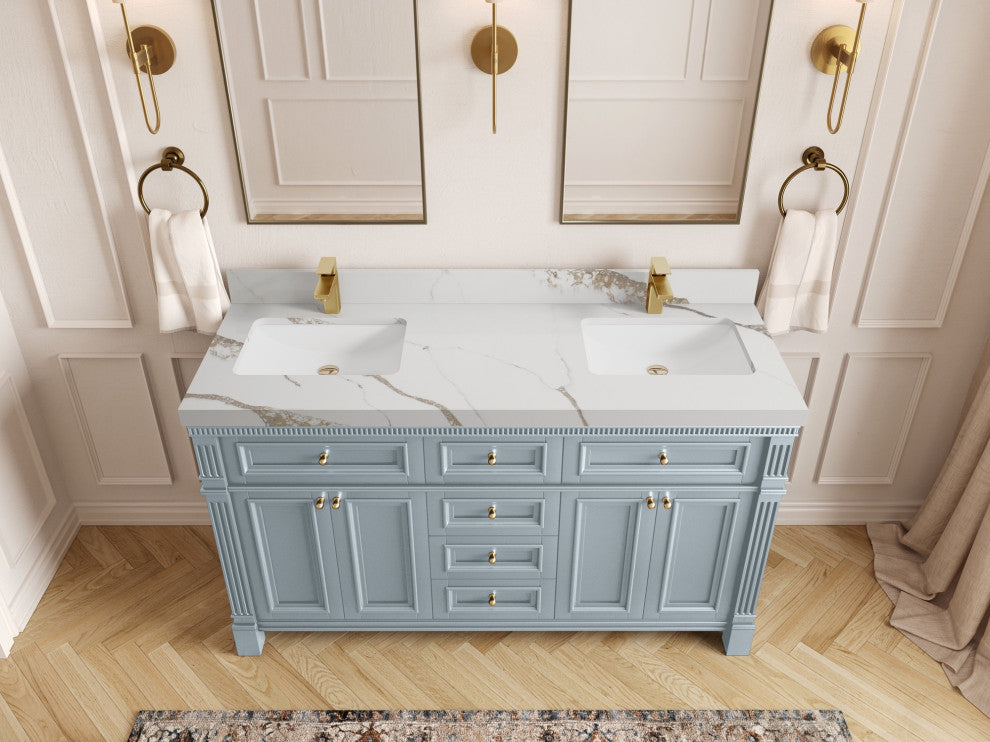 Paris 60" Double Sink Bathroom Vanity, Blue Heather 2" Calacatta Gold