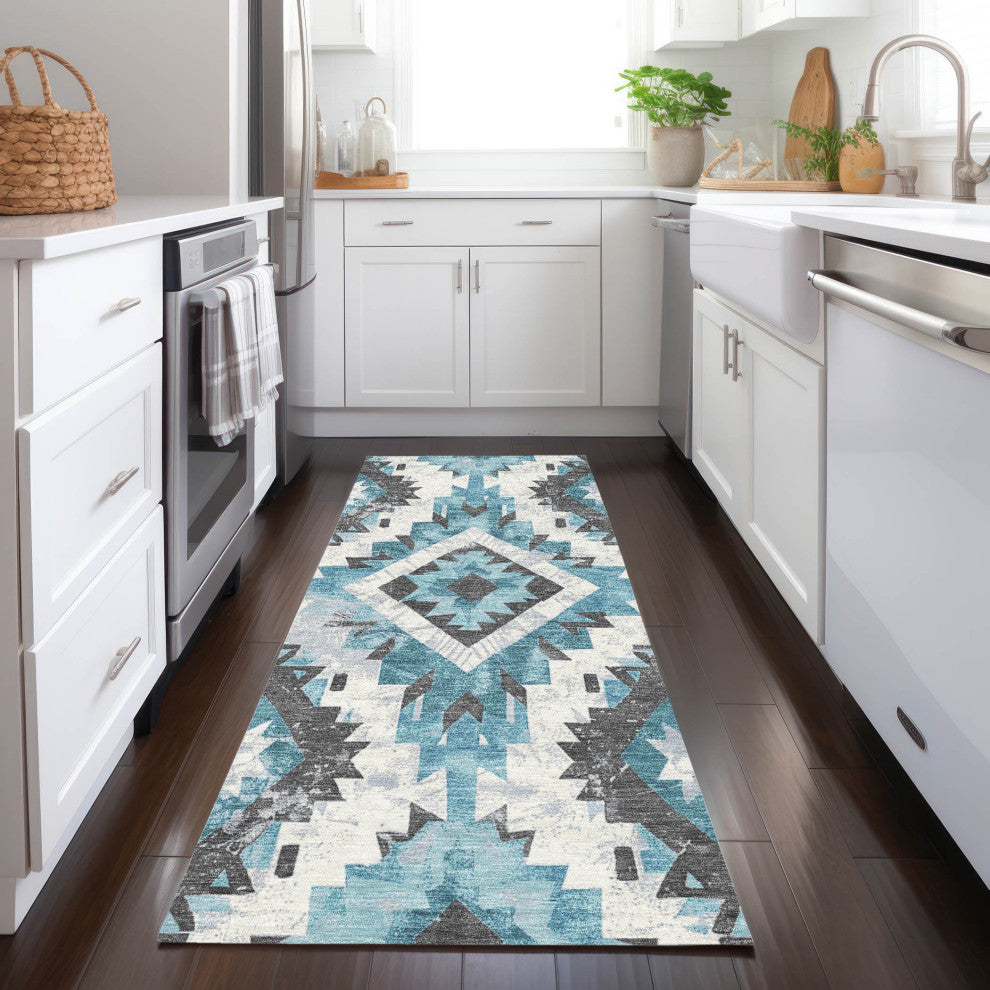 Machine Washable Indoor/Outdoor Chantille ACN1878 Teal 2'3" x 7'6" Runner Rug