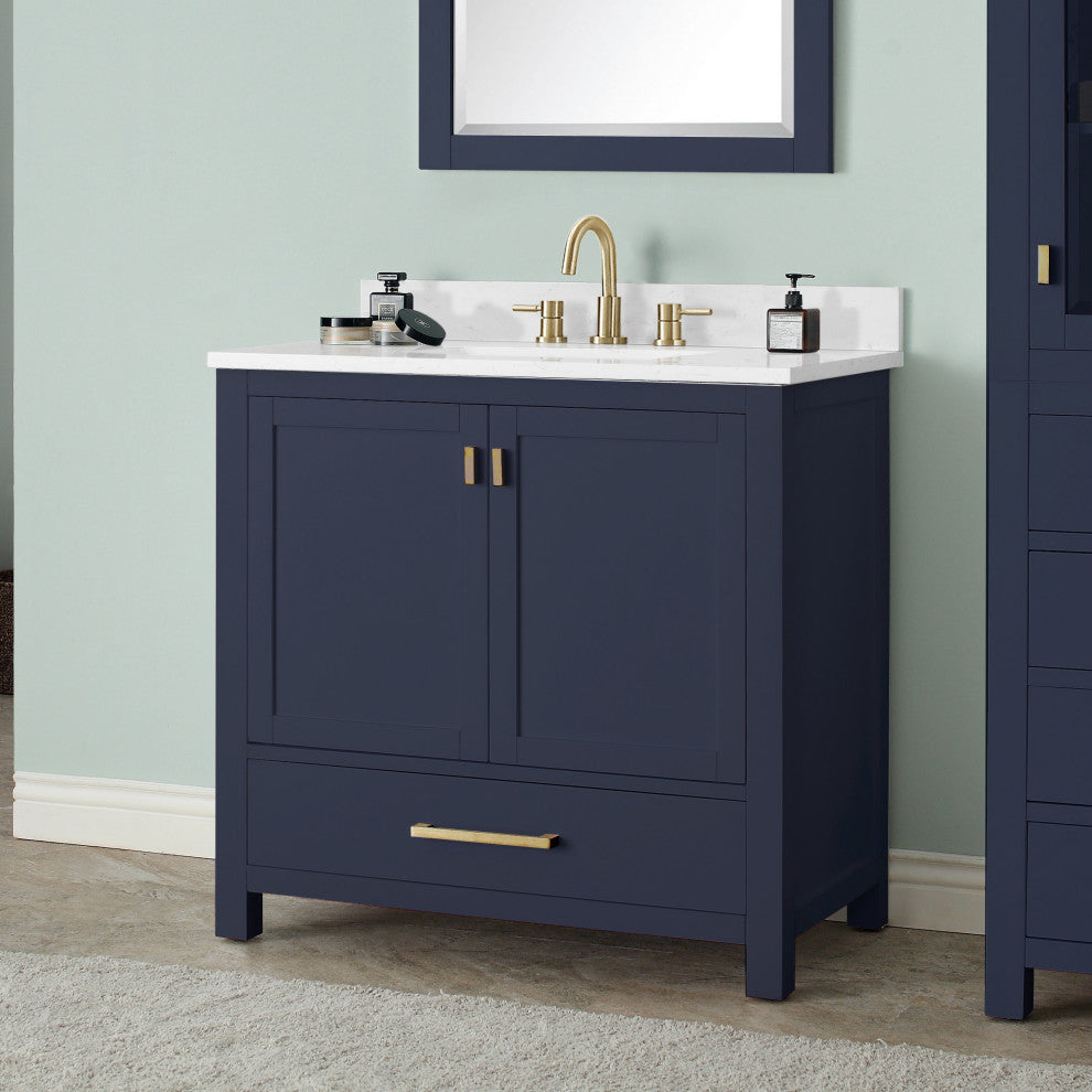 Avanity Modero Bath Vanity, Navy Blue, 37", Single Sink, Cala White Engineered S