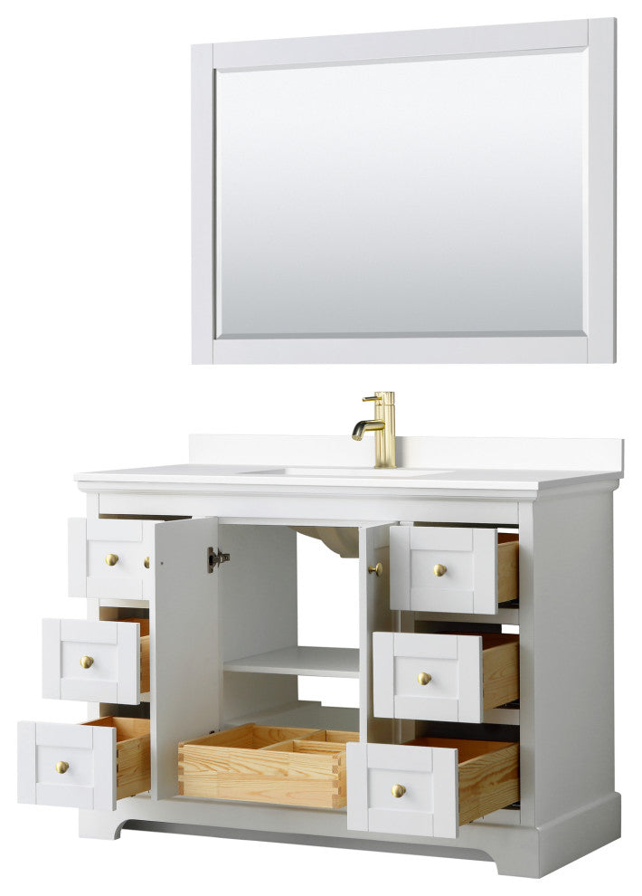 48" Single Vanity White, White Cult. Marble Counter, Sink, 46" Mirror, Gold Trim