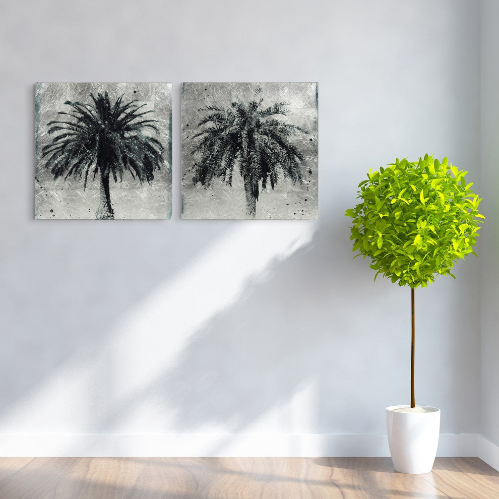 Palm Tree Diptych Wall Art Reverse Print Tempered Glass Wall Art and Silver Leaf