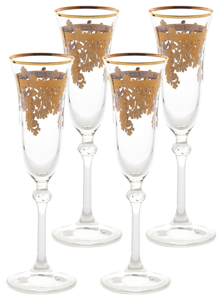 Set of 4 Embellished 24K Gold Crystal Flute Goblets-Made In Italy