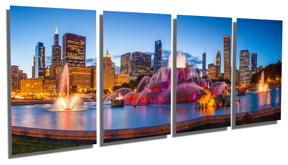 Chicago Buckingham Fountain, 4 Panel Split, Metal Print Wall Art, HD, 64x24