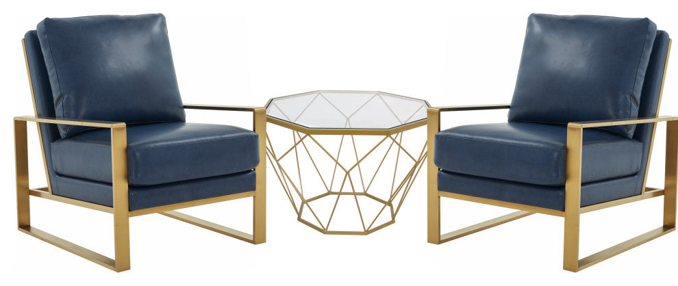 LeisureMod Jefferson Arm Chairs With Gold Frame and Coffee Table, Navy Blue