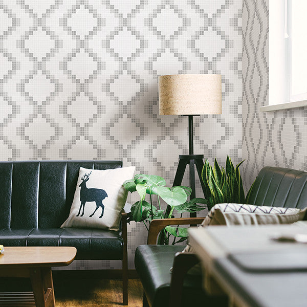 Mosaic Diamond Grid Monochromatic Wallpaper, Medium Gray, Bolt