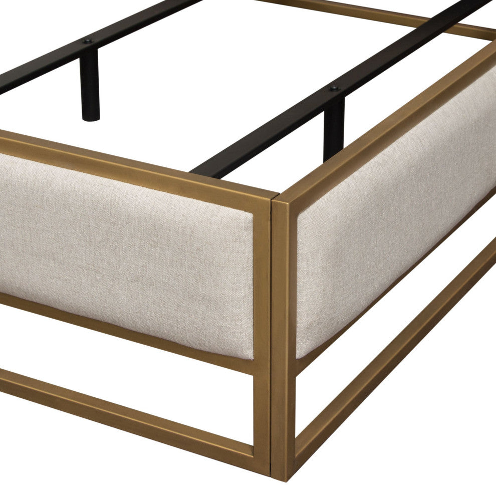Empire Queen Bed With Gold Metal Frame, Sand Fabric